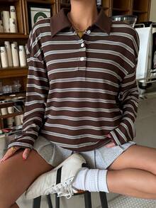 Muchica Brown Striped Knit Casual Women Long Sleeve T-Shirt - Coffee Brown - View 4