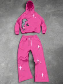 PAVTROS Bộ 2 áo hoodie và quần nỉ in chữ và hình mặt cho nam, thích hợp mặc trong nhà và ngoài trời, trang phục mùa thu - Màu Hồng Tươi - Xem 1