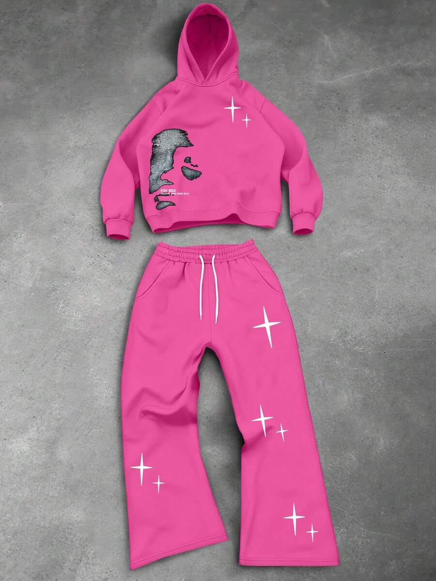 PAVTROS Bộ 2 áo hoodie và quần nỉ in chữ và hình mặt cho nam, thích hợp mặc trong nhà và ngoài trời, trang phục mùa thu - Màu Hồng Tươi - Xem 1