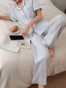 Dream Adore Casual Women's Dusty Blue Striped Short Sleeve Pajama Set With Lapel Neck And Pocket Woven Fabric Regular Length Sleepwear - Dusty Blue - View 7