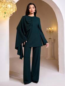 Al Najma Conjunto de ropa elegante de unicolor con estilo árabe para mujer - Verde - Ver 4