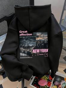 Resyla 女士连帽卫衣，秋季外套，冬季，运动服，休闲百搭，城市风景印花图案设计，街头风，日常穿着，卫衣外套，学生装 - 黑色 - 查看 1