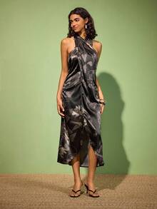 Felipe Marques Blume Muster Lässig Elegant Würdevoll Sexy Rückenfreies Maxikleid mit hohem Schlitz für Frauen, geeignet für täglichen Ausgang, Reisen, Urlaub, Date, Party, Weihnachten, Herbst/Winter