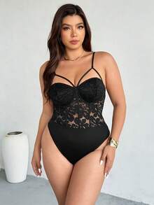 Firerie Plus Size Adjustable Fishbone Cup Leopard Print Bodysuit,Black,Summer,70's,Night Out Club,Party,Elegant For Workplace,Refined Afternoon Tea,Prom, - Black - View 7
