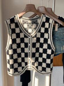 Comfortcana Chaleco de punto con botones y bajo asimétrico con estampado de cuadros para otoño/invierno - Blanco y Negro - Ver 6