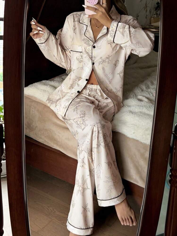 Set pigiama casual da donna con stampa floreale, adatto per vacanze e abbigliamento invernale - Multicolore - Visualizzare 5