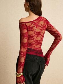 Poéselle Women's Fashion Sexy Asymmetric Neck Lace Long Sleeve Top, See Through Top, Red Mesh Top, See Through Tops, Dark Red Top, Red Lace Top,Winter Clothes Christmas Top,New Year Top,Elegant Top, Red Asymmetrical Shoulder Top Asymmetrical Shoulder Mesh New Year, New Styles - Burgundy - View 2