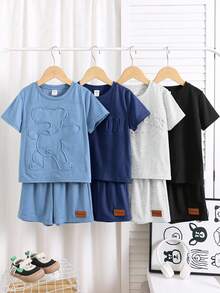 SHEIN 8件套男童舒适休闲日常百搭压纹字母短袖T恤短裤套装，适合春夏季节日常穿着、运动、郊游、上学、聚会、度假、拍照、返校季等场合。 - 藏蓝色 - 查看 3