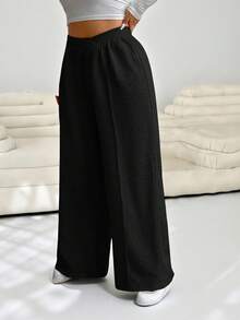 SHEIN EZwear Große Größen V-Taille Weit Geschnittene Lässig Zuhause Jogginghose, Herbst/Winter, Schwarz - Schwarz - Übersicht 6