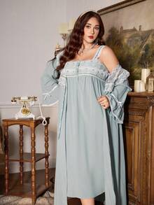 PalaceNights Embroidered Lace Vintage Palace Style Plus Size Long Nightgown + Robe Set, Winter - Green - View 1