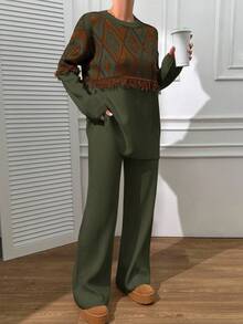 EURMUSE Boho Sweater And Trouser Casual Simple - Army Green - View 5