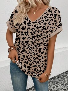 EMERY ROSE Camiseta casual de mujer con cuello en V y estampado de leopardo, primavera/verano - Multicolor - Ver 5