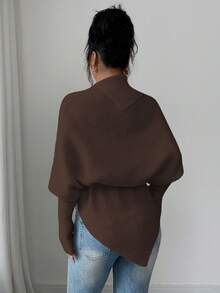 SHEIN LUNE 女式高领蝙蝠袖不对称下摆系腰毛衣 - 棕色 - 查看 2