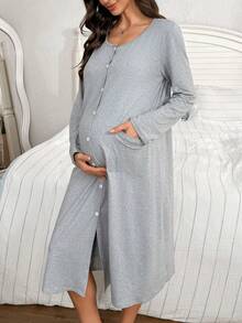 Moonlight&Mama Camisón de maternidad de manga larga con bolsillos dobles de punto de unicolor - Gris - Ver 3