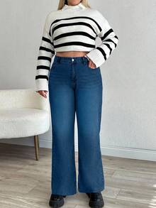 EURMUSE JEAN RECTO DE TALLA GRANDE CON DOBLADILLO DESHILACHADO DE TIRO ALTO - Azul - Ver 6