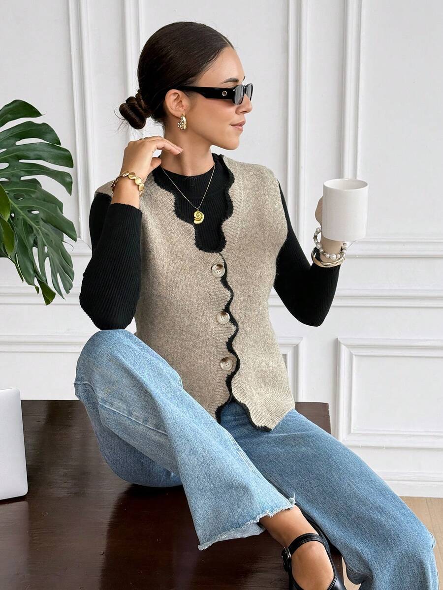 Siren Gaze 女士秋冬休闲豹纹提花针织毛衣背心 - 卡其色 - 查看 1