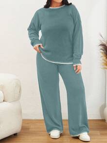 Color Block Edged Long Sleeve Sweater And Knitted Pants Two Pieces Set - Mint Green - View 3