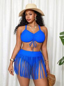 Slaydiva 大码女士沙滩度假露脐吊带上衣和流苏短裤两件套泳衣 - 寶藍色 - 查看 3