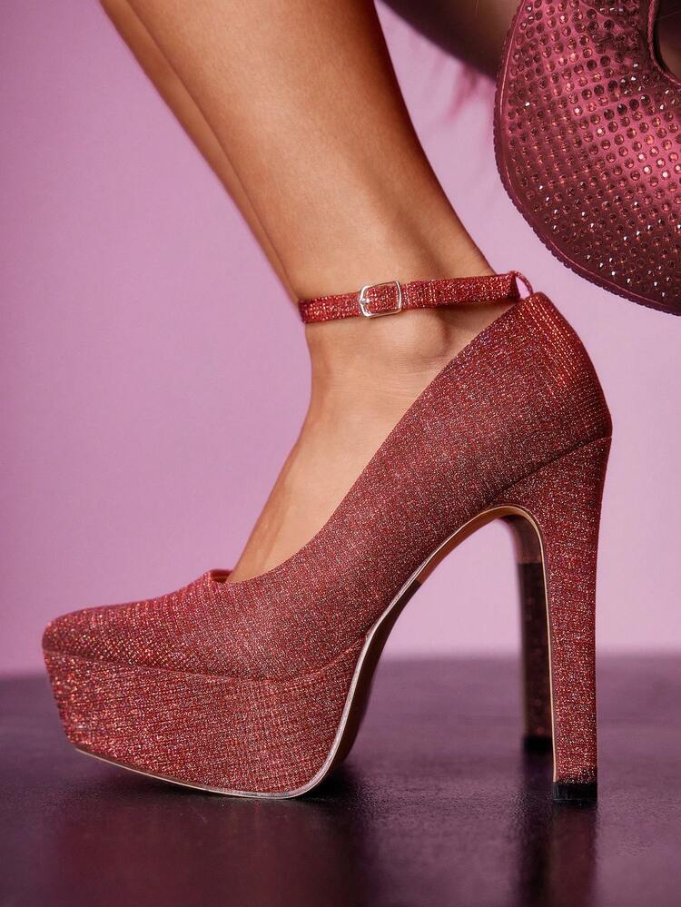 CUCCOO LuxiPop Women's Thick Sole Buckle Design Glamorous Fashion High Heel Shoes, Suitable For Christmas, Thanksgiving, New Year Party, Nightclub Outfit