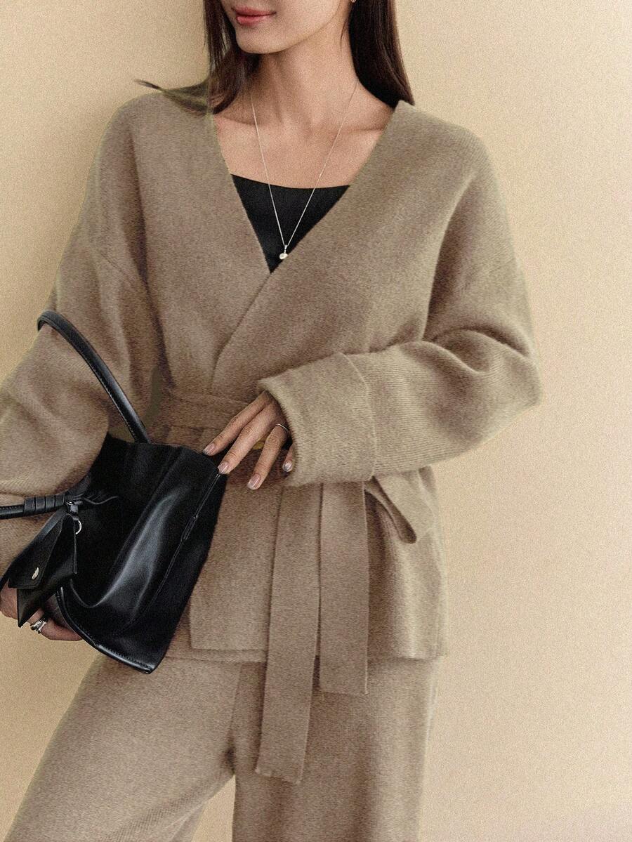 Dazy-Less 2pcs/Set Elegant Bow Tie Knit Sweater Set For Women, Autumn/Winter - Khaki - View 1