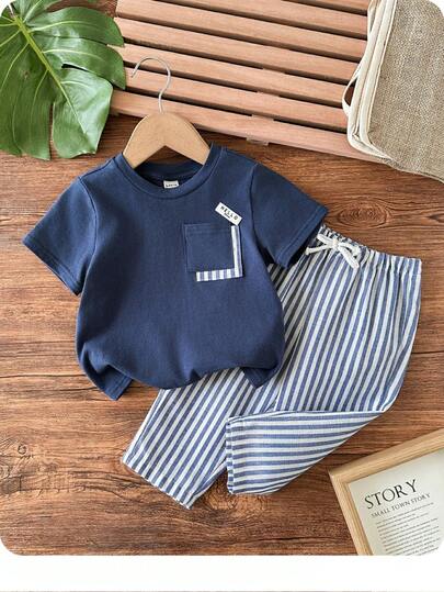Baby Boy Cute Casual Knit Patchwork Short Sleeve T-Shirt & Striped Elastic Waist Shorts Set