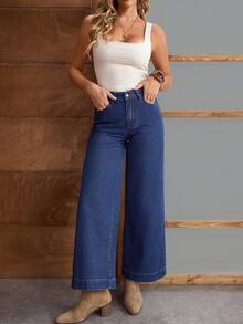 EMERY ROSE Women's Solid Color Straight Loose Fit Casual Jeans With Pockets, Versatile - Blue - View 4