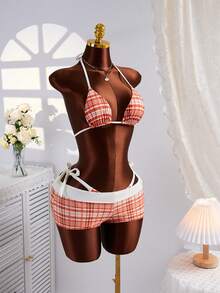 Swim Mod Women's Vacation Casual Cute Contrast Plaid Print Adjustable Tie Bikini & Boyshort 3-Piece Swimsuit Set - Red and White - View 7