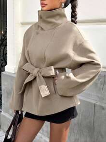 SHEIN EZwear 咖啡棕高腰長袖羊毛外套女款，卡其色，秋季，優雅，辦公室冬季高領蝴蝶結針織衫，日式北歐風服飾 - 卡其色 - 查看 1