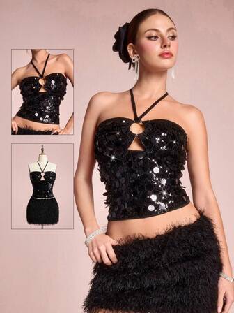 ROMWE Avant Top aderente da donna con collo a canottiera, decorato con paillettes luccicanti, in stile Y2K per abbigliamento da club