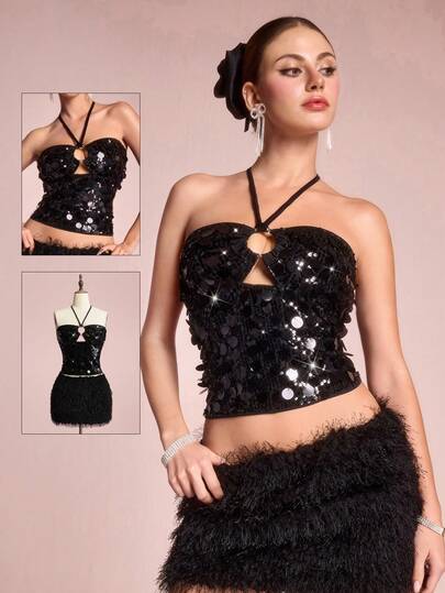 ROMWE Avant Top ajustado para mujer con cuello de halter brillante y con lentejuelas, estilo clubwear Y2K