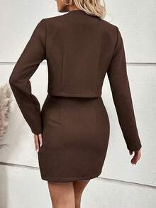 EMERY ROSE Women's Autumn Commuter Front Button Tweed Jacket And Skirt 2 Pieces Set - Brown - View 2