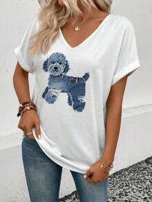 EMERY ROSE 新款时尚女式斗牛犬和花卉印花V领短袖T恤 - 白色 - 查看 3