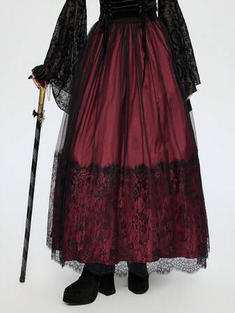 Breakform Women's Gothic Vintage Elegant Wine Red Satin Patchwork Floral Lace Mesh Double Layer Maxi Skirt, Suitable For Daily Outings And Party Outfits
