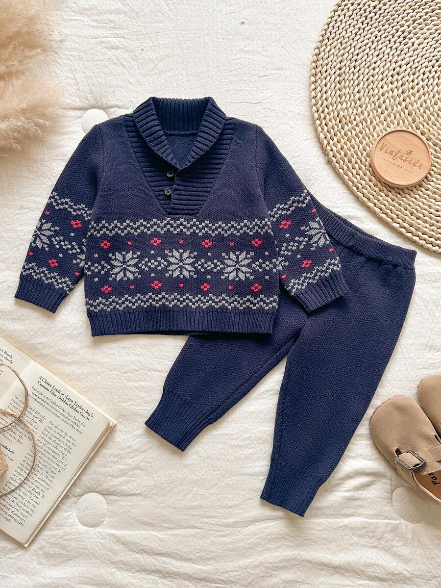 SHEIN Vintaside Kids 男婴几何图案针织毛衣裤套装,秋冬季休闲装 - 彩色 - 查看 1