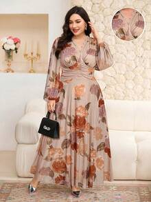 Modelyn 大码优雅派对花卉印花连衣裙 - 淺粉色 - 查看 3