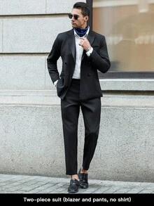 Calvornis 男士商务休闲纯色双排扣开衫夹克和裤子套装 - 黑色 - 查看 3