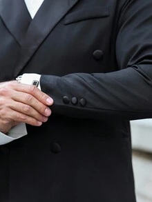 Calvornis 男士商务休闲纯色双排扣开衫夹克和裤子套装 - 黑色 - 查看 7