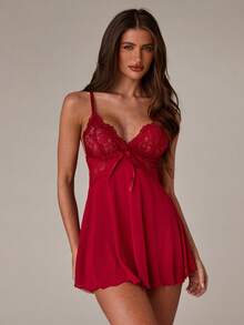 SHEIN BAE Bộ 2 chiếc váy chữ A hở lưng bằng lưới và ren gợi cảm, màu đỏ rượu - Màu Đỏ Sâu - Xem 7