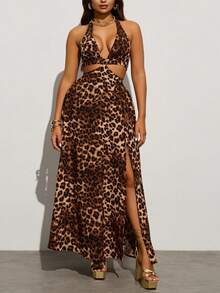 INAWLY 女士镂空性感豹纹连衣裙 - 棕色 - 查看 3