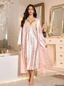 LuxeNights Butterfly Jacquard Faux Silk Contrast Lace Camisole Nightgown And Robe Set,Pink And White Elegant Autumn Sleep Satin Sleepwear Lingerie Night Gown - Baby Pink - View 6
