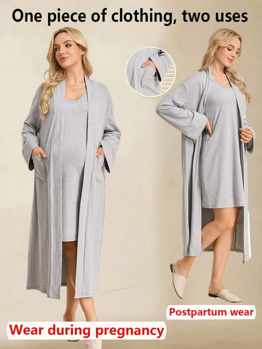 SHEIN Vestido de maternidad de cuello redondo sin mangas ajustado, cárdigan de maternidad de manga larga con bolsillo y abertura frontal - Gris Claro - Ver 1