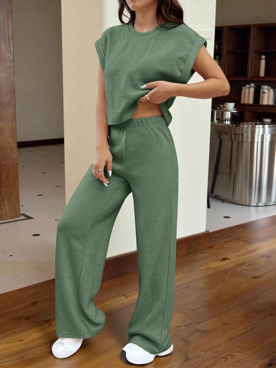 SHEIN EZwear Bộ áo len và quần dệt kim cỡ lớn có tay áo dành cho nữ, màu xanh xám - Màu xanh Ô liu - Xem 1