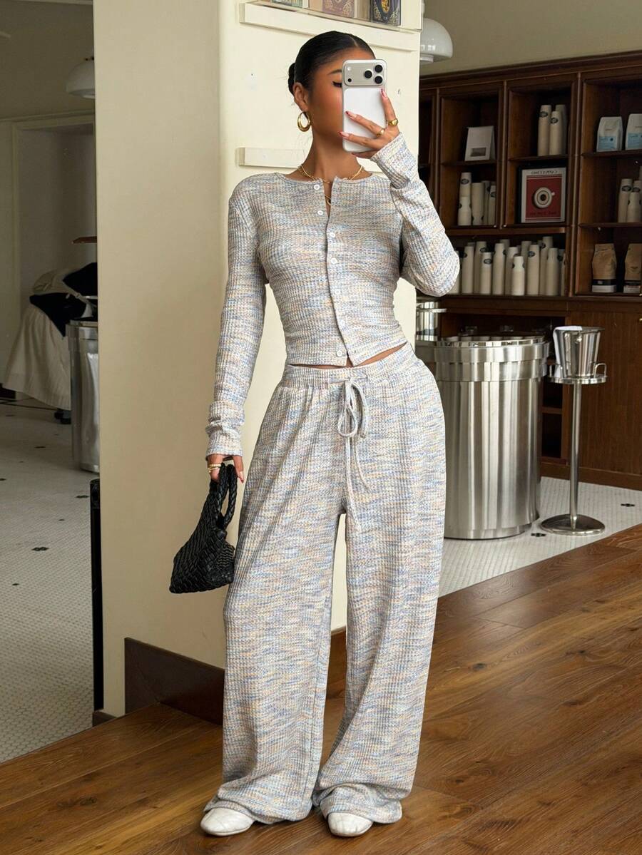 Muchica Women Fashion New Casual Knitted Textured Fitted Long Sleeve Top And Pants Set For Going Out Outfits, Streetwear, Y2K Clothes, Two Piece Set Women Comfy - Multicolor - View 1