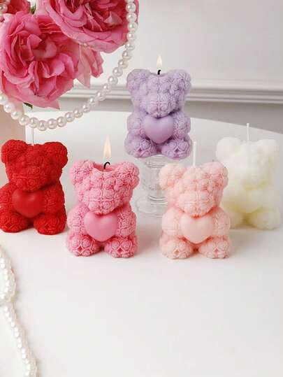 SHEIN 1 Piece Rose Heart-Shaped Bear Scented Candle, Handmade Creative Bedroom Decoration Ornament; Girl's Gift Of Choice; Fragr Candle For Wedding Party