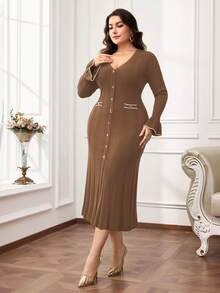Modelyn Plus Size Elegant Bell Sleeve Knit Dress, Suitable For Commuting In Fall/Winter - Camel - View 4
