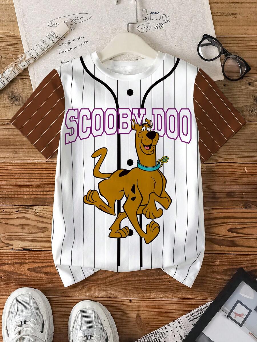 SCOOBY-DOO X SHEIN 青少年男孩休闲通勤校园风格卡通狗和字母条纹印花短袖 T 恤，夏季 - 白色 - 查看 1