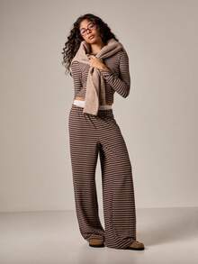 AiiRZ Horizontal Striped Long Sleeve Crew Neck Ribbed Top Fall Winter Casual Basic Tee - Coffee Brown - View 5