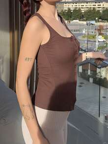 Abrilcols French Style Square Neck Sleeveless Slit Knit Camisole Tank Top For Women, Summer Cropped Fitted Design Look - Brown - View 3