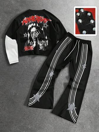 Set di 2 magliette casual da uomo a maniche lunghe con scollo rotondo e stampa di motivi creativi