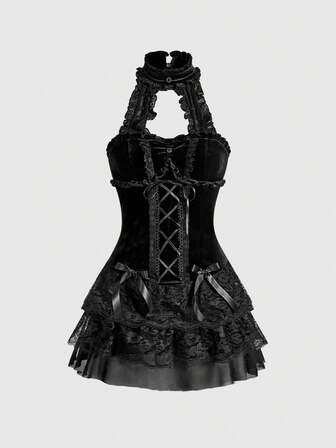 Goth Vestido de mujer con empalmado de encaje, volantes y lazo en la cintura, de estilo gótico, palaciego, romántico y lujoso de terciopelo